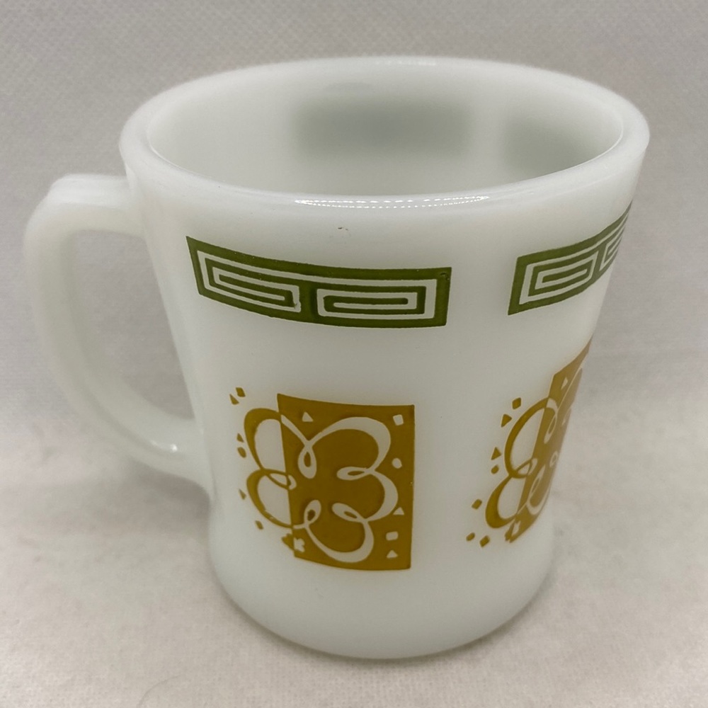 1960’s Fire King Anchor Hocking Atomic Cloud Gold Green D Mug Cup Retro Vintage